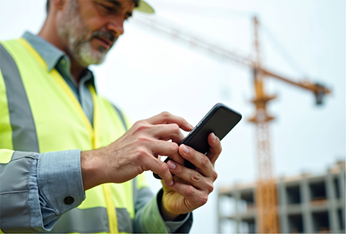 man on building site using mobile phone wearing high viz jacket with crane in background